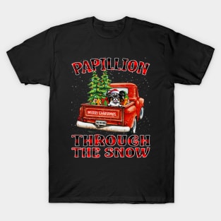 Christmas Papillion Through The Snow Dog Santa Truck Tree T-Shirt